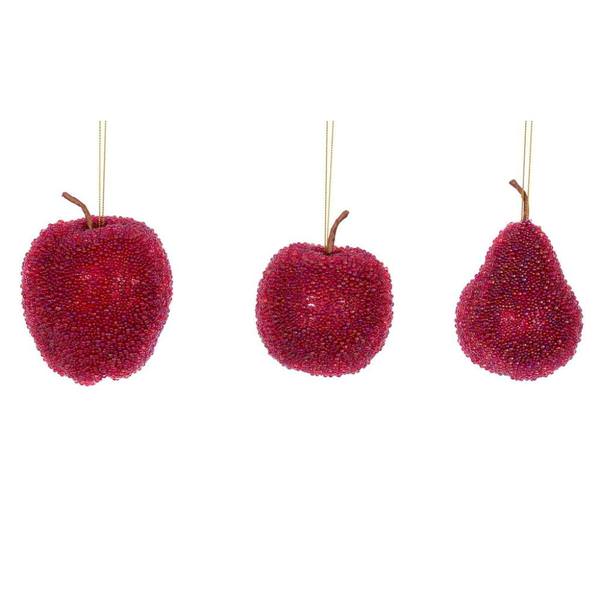 3.5"-4.5" Red Beaded Fruit Christmas Ornament Assortment (3 Pack)