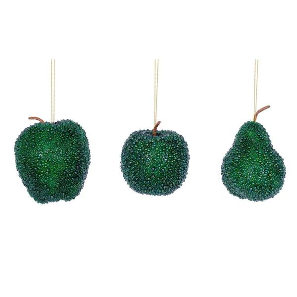 3.5"-4.5" Green Beaded Fruit Christmas Ornament Assortment (3 Pack)