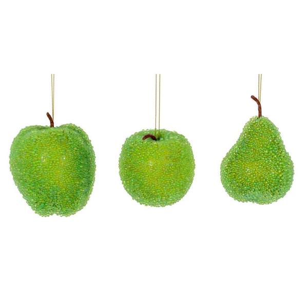 3.5"-4.5" Celadon Beaded Fruit Christmas Ornament Assortment (3 Pack)