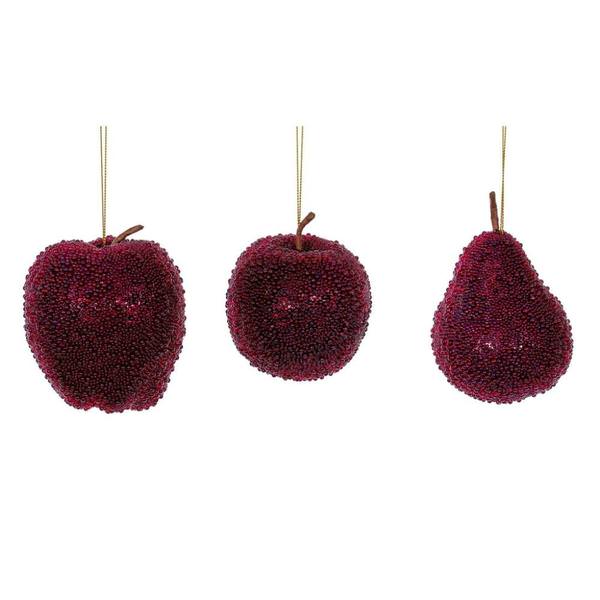 3.5"-4.5" Burgundy Beaded Fruit Christmas Ornament Assortment (3 Pack)