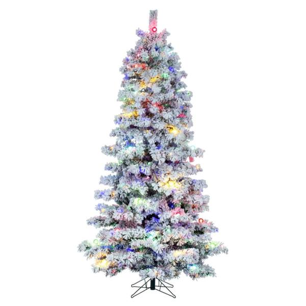 7.5' x 48" Flocked Slim Alaskan 642 Light Multi-Color Artificial Christmas Tree 