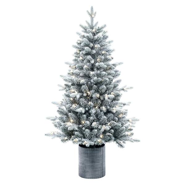 4.5' x 30" Frosted Potted Spruce Tree 120 Light Warm White Artificial Christmas Tree