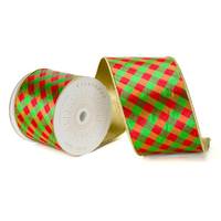 Vickerman 4" x 10Yd Red / Green Diagonal Check Gold Christmas Ribbon