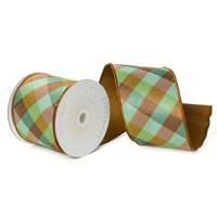 Vickerman 4" x 10Yd Brown / Celadon Metallic Diagonal Plaid Christmas Ribbon