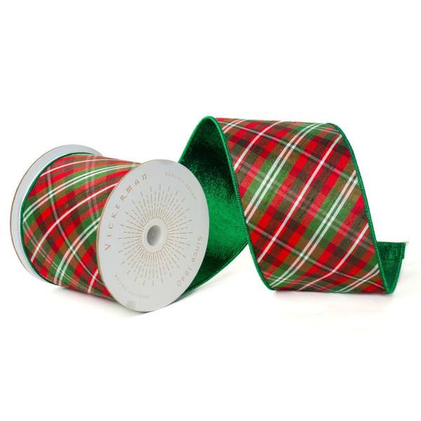 4" x 10Yd Red / Burgundy / Emerald Metallic Diagonal Plaid Christmas Ribbon