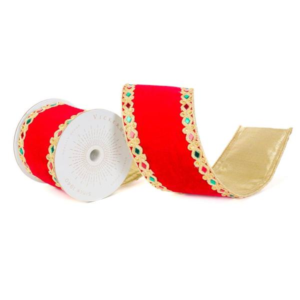 4" x 10Yd Red Velvet Jeweled Applique Christmas Ribbon