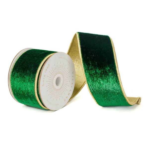 2.5" x 10Yd Emerald Shiny Velvet Gold Trim Christmas Ribbon