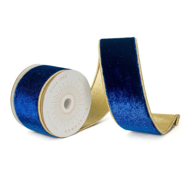 2.5" x 10Yd Royal Blue Shiny Velvet Gold Trim Christmas Ribbon