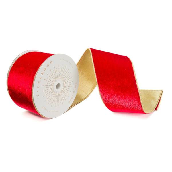 4" x 10Yd Red Shiny Velvet Gold Shiny Trim Christmas Ribbon