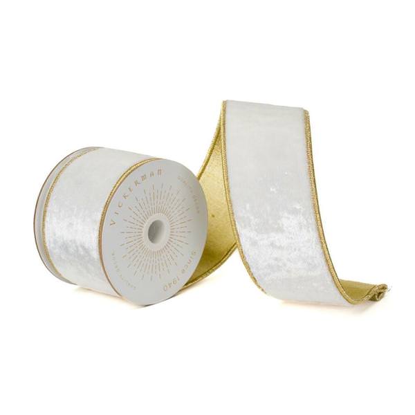 2.5" x 10Yd Ivory Shiny Velvet Gold Trim Christmas Ribbon