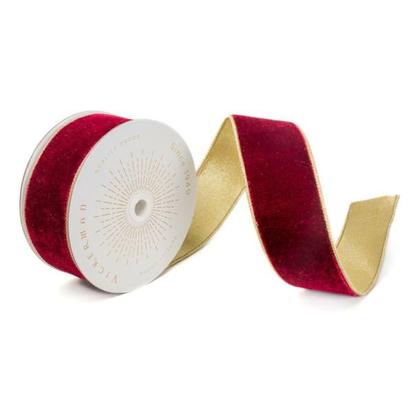 2.5" x 10Yd Burgundy Shiny Velvet Gold Trim Christmas Ribbon