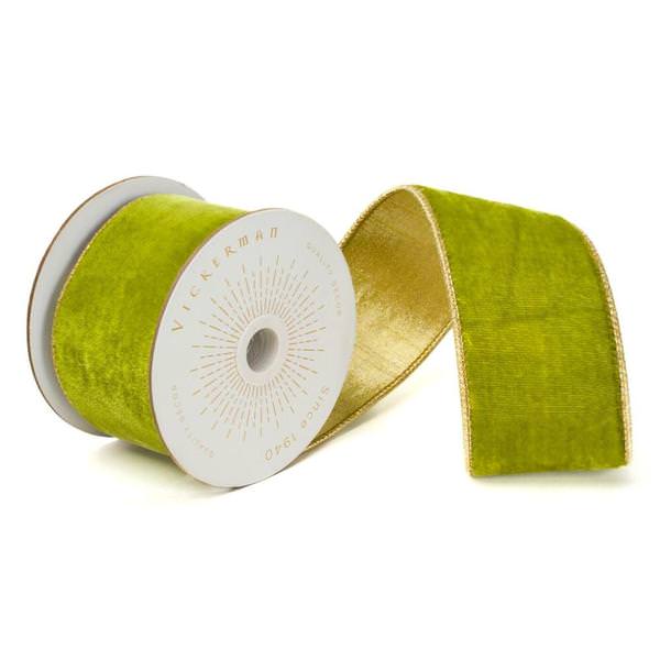 2.5" x 10Yd Lime Green Shiny Velvet Gold Trim Christmas Ribbon