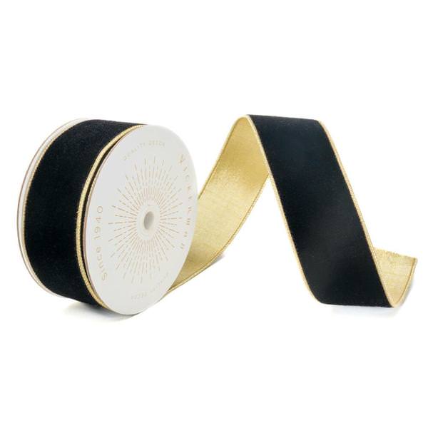 2.5" x 10Yd Black Shiny Velvet Gold Trim Christmas Ribbon