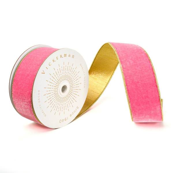 2.5" x 10Yd Pink Shiny Velvet Gold Trim Christmas Ribbon