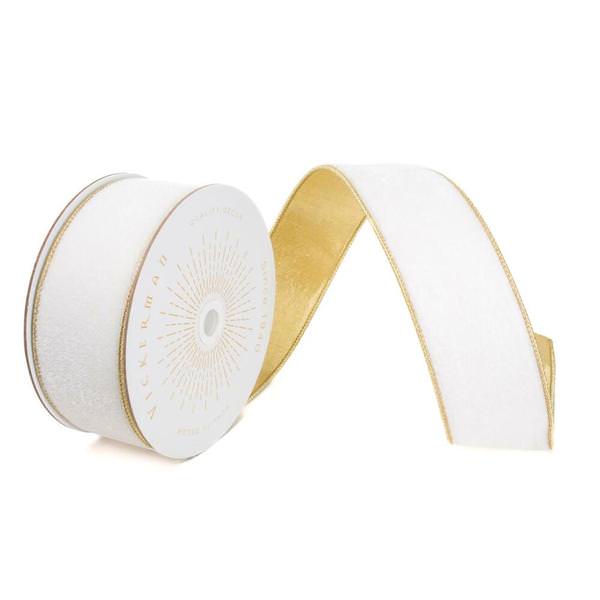 2.5" x 10Yd White Shiny Velvet Gold Trim Christmas Ribbon