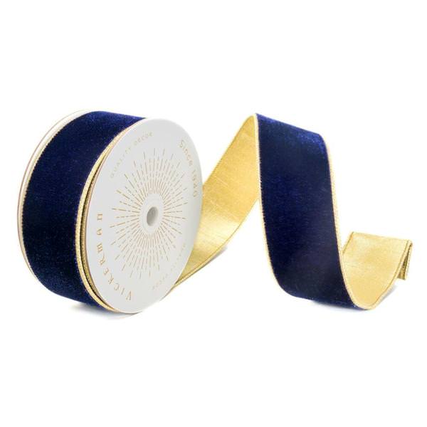 2.5" x 10Yd Navy Blue Shiny Velvet Gold Trim Christmas Ribbon