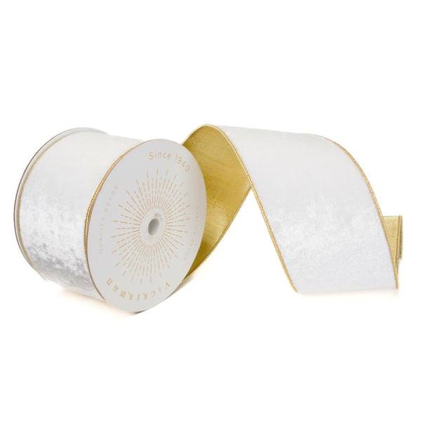 4" x 10Yd Ivory Shiny Velvet Gold Trim Christmas Ribbon