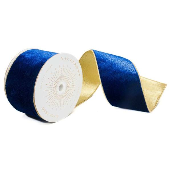 4" x 10Yd Royal Blue Shiny Velvet Gold Trim Christmas Ribbon