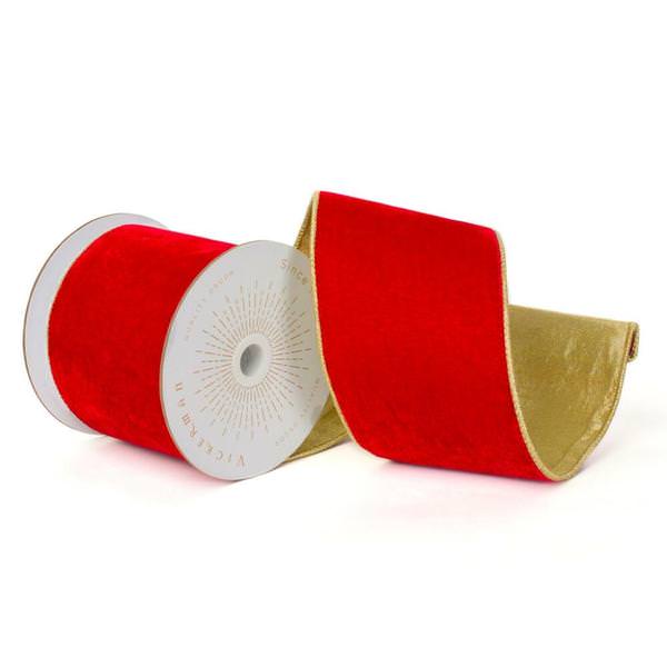 4" x 10Yd Red Shiny Velvet Gold Shiny Trim Christmas Ribbon