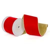 View 4" x 10Yd Red Shiny Velvet Gold Shiny Trim Christmas Ribbon