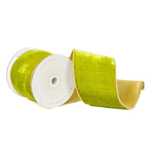 4" x 10Yd Lime Green Velvet Gold Trim Christmas Ribbon