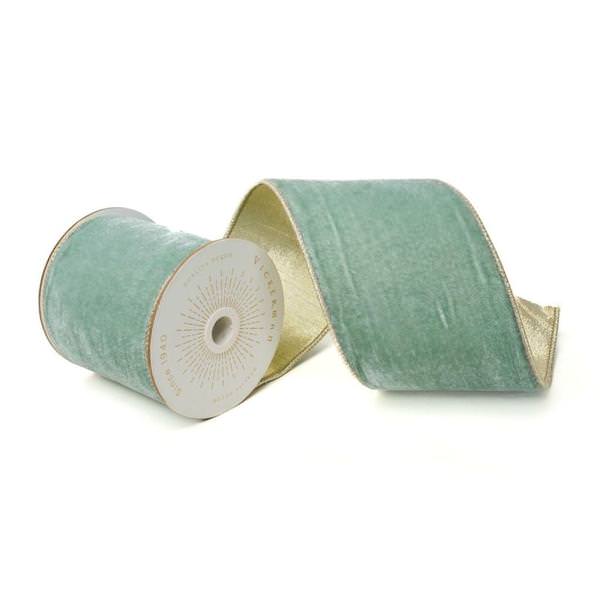 4" x 10Yd Light Blue Velvet Champagne Trim Christmas Ribbon