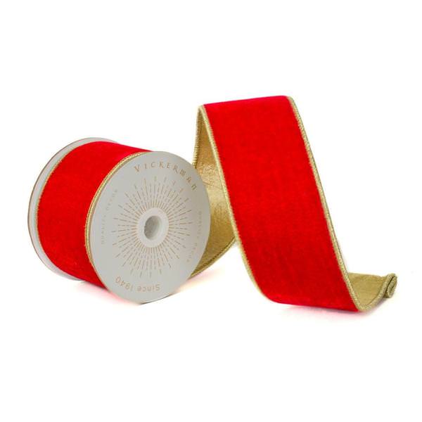 2.5" x 10Yd Red Shiny Velvet Gold Trim Christmas Ribbon