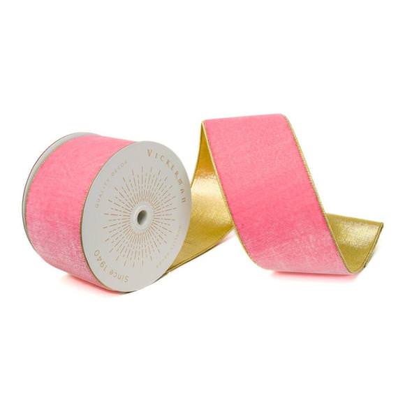 4" x 10Yd Pink Shiny Velvet Gold Trim Christmas Ribbon