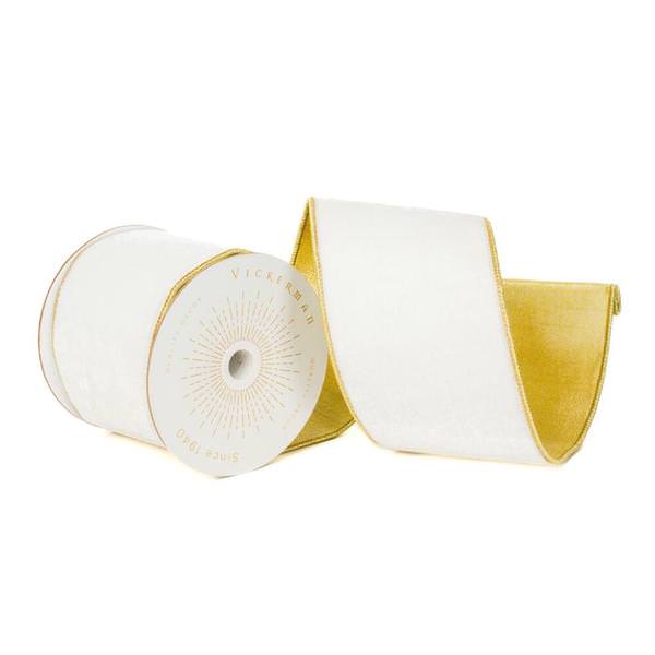 4" x 10Yd Ivory Shiny Velvet Gold Trim Christmas Ribbon