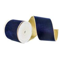 Vickerman 4" x 10Yd Navy Blue Shiny Velvet Gold Shiny Trim Christmas Ribbon
