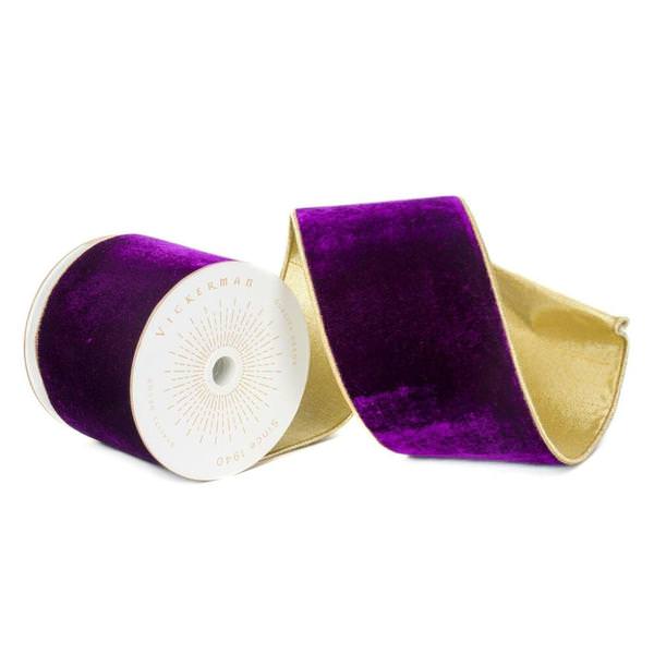 2.5" x 10Yd Purple Shiny Velvet Gold Trim Christmas Ribbon