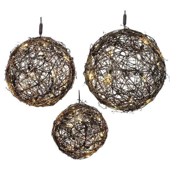 60 Light 8/10/12" Brown Wire Rattan LED Sphere (Set of 3)