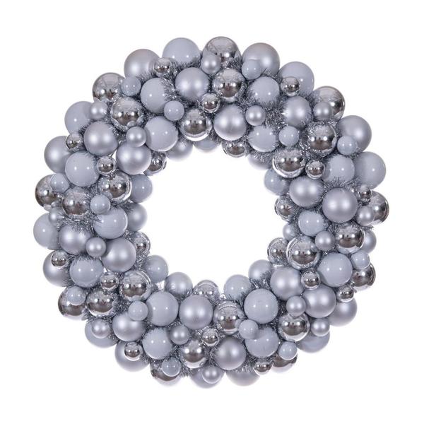 28" Silver Matte/Shiny/Pearl Ball Unlit Christmas Ornament Wreath