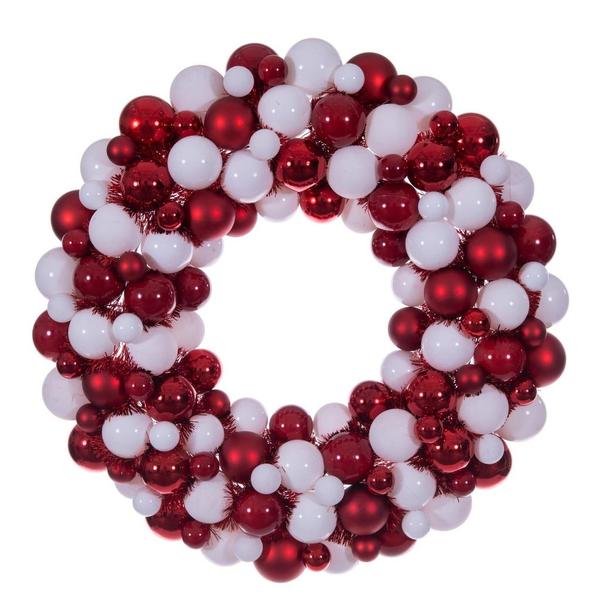 28"  Red/White Matte/Shiny/Pearl Ball Unlit Christmas Ornament Wreath
