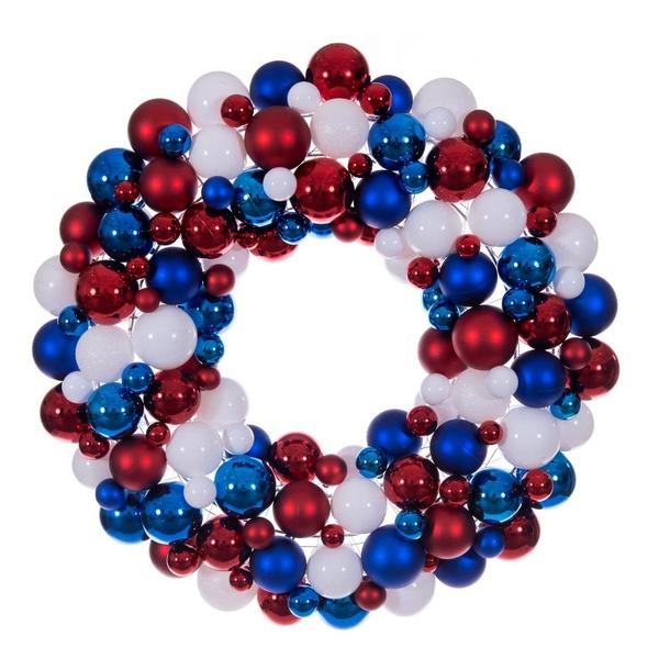 28" Red/White/Blue Matte/Shiny/Pearl Ball Unlit Christmas Ornament Wreath