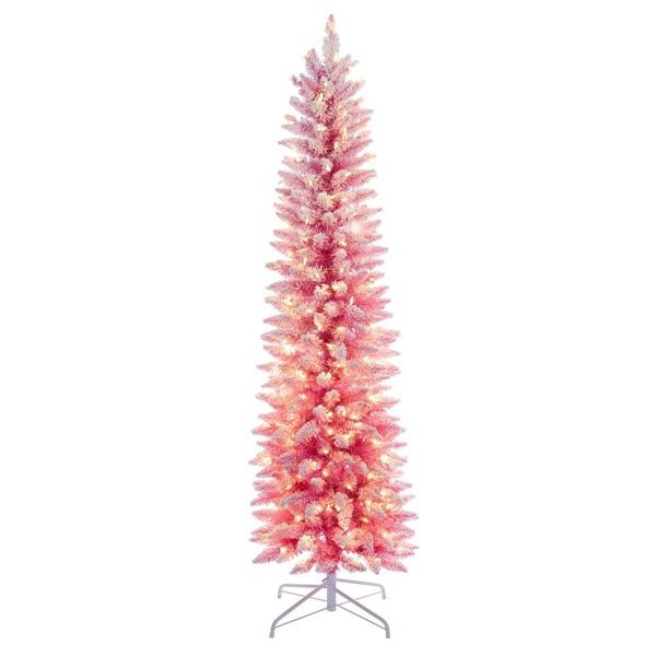 7.5' x 28" Flocked Pink Pencil Fir 300 LED Light Prelit Christmas Tree