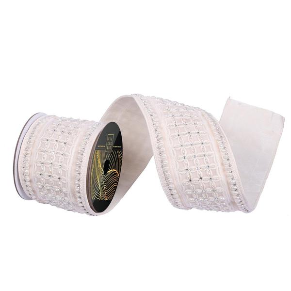 4" x 5yd Ivory Velvet Drop Pearl Jewel Decorative Ribbon