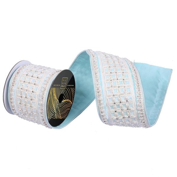 4" x 5yd Baby Blue Velvet Drop Pearl Jewel Decorative Ribbon
