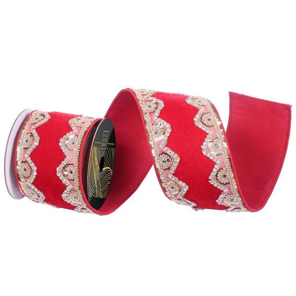 4"x5yd Red Jewel/Sequin Trim Christmas Ribbon