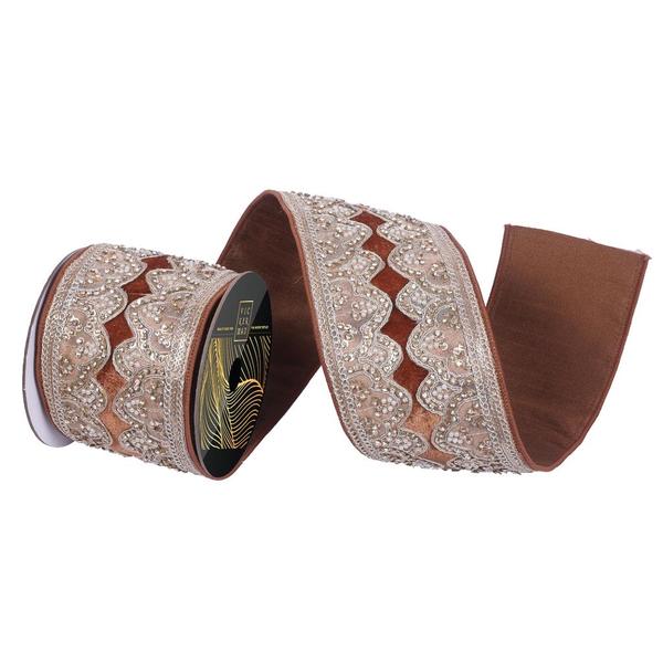 4"x5yd Mocha Velvet Champ Sequin Jewel Pearl Christmas Ribbon