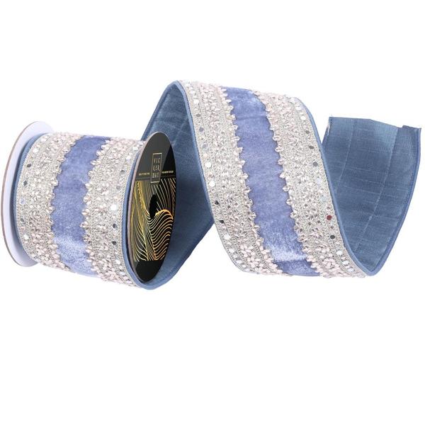 4"x5yd Denim Blue Velvet Champagne Jewel Christmas Ribbon
