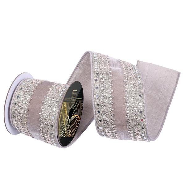 4"x5yd Pewter Velvet Champagne Jewel Christmas Ribbon