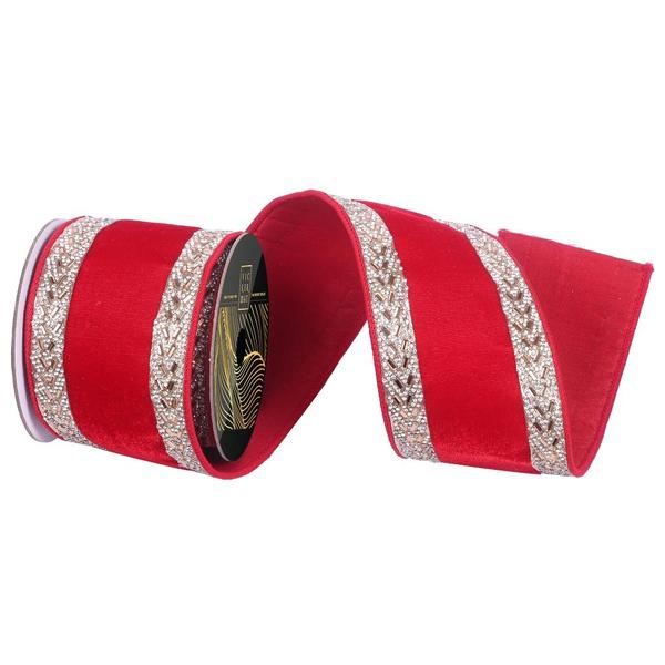 4"x10yd Red Velvet Gold Jewel Trim Christmas Ribbon