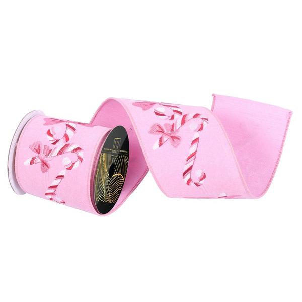4"x10yd Pink Felt Candy Cane and Bow Christmas Ribbon