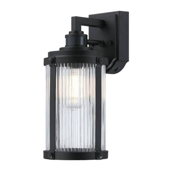 1 Lamp Textured Black Clear Ribbed Glass Motion Activated Outdoor Wall Light Fixture 