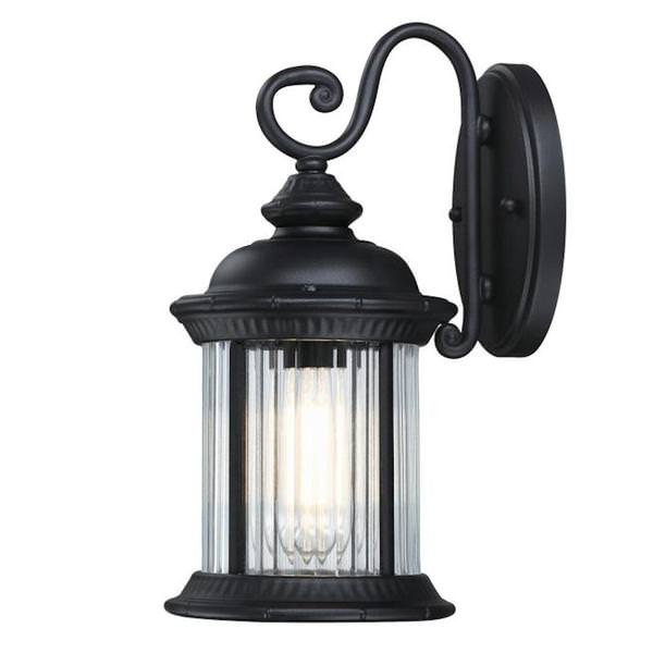 1 Light Textured Black Clear Ribbed Glass Outdoor Wall Fixture