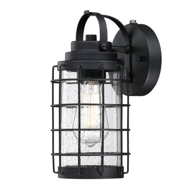 1 Light Textured Black Clear Seeded Glass Outdoor Dusk to Dawn Wall Light Fixture