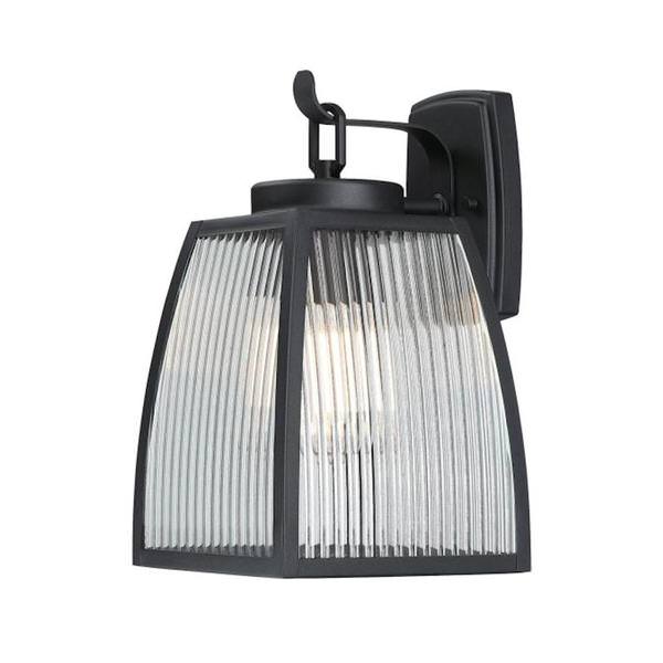 1 Light Textured Black Clear Ribbed Glass Outdoor Wall Light Fixture 