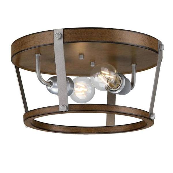 14" 2 Light Barnwood Galvanized Steel Accents Flush Mount Light Fixture