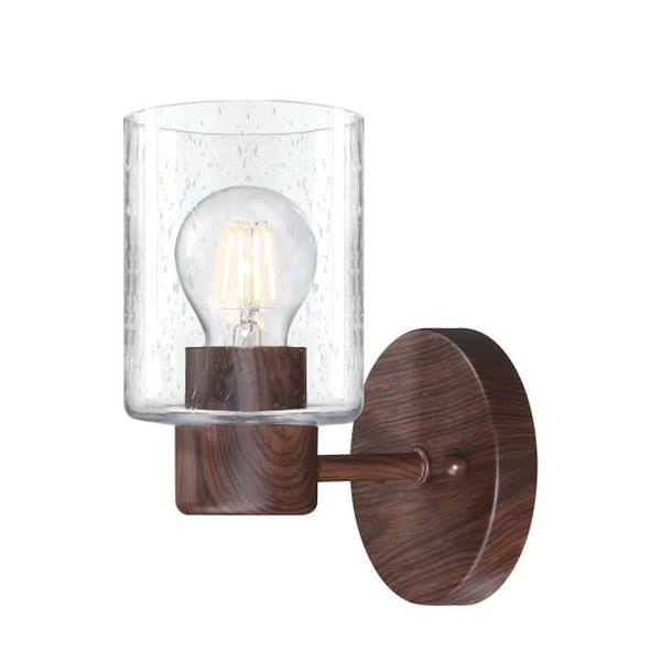 1 Light Walnut Wall Light Fixture Clear Seeded Glass 